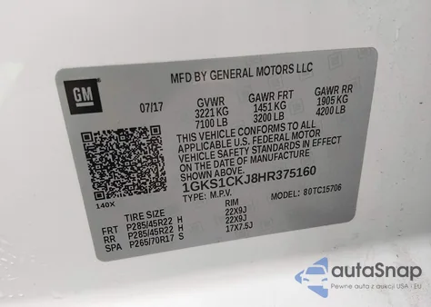 2017 GMC Yukon Denali z USA, uszkodzony, nr VIN 1GKS1CKJ8HR375160